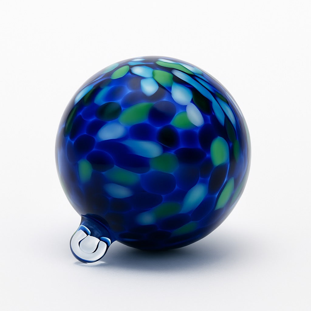 Hand-blown Ocean Pebble glass ornament with cobalt, aqua, and green Pebble pattern from Puget Sound Glassblowing Studio