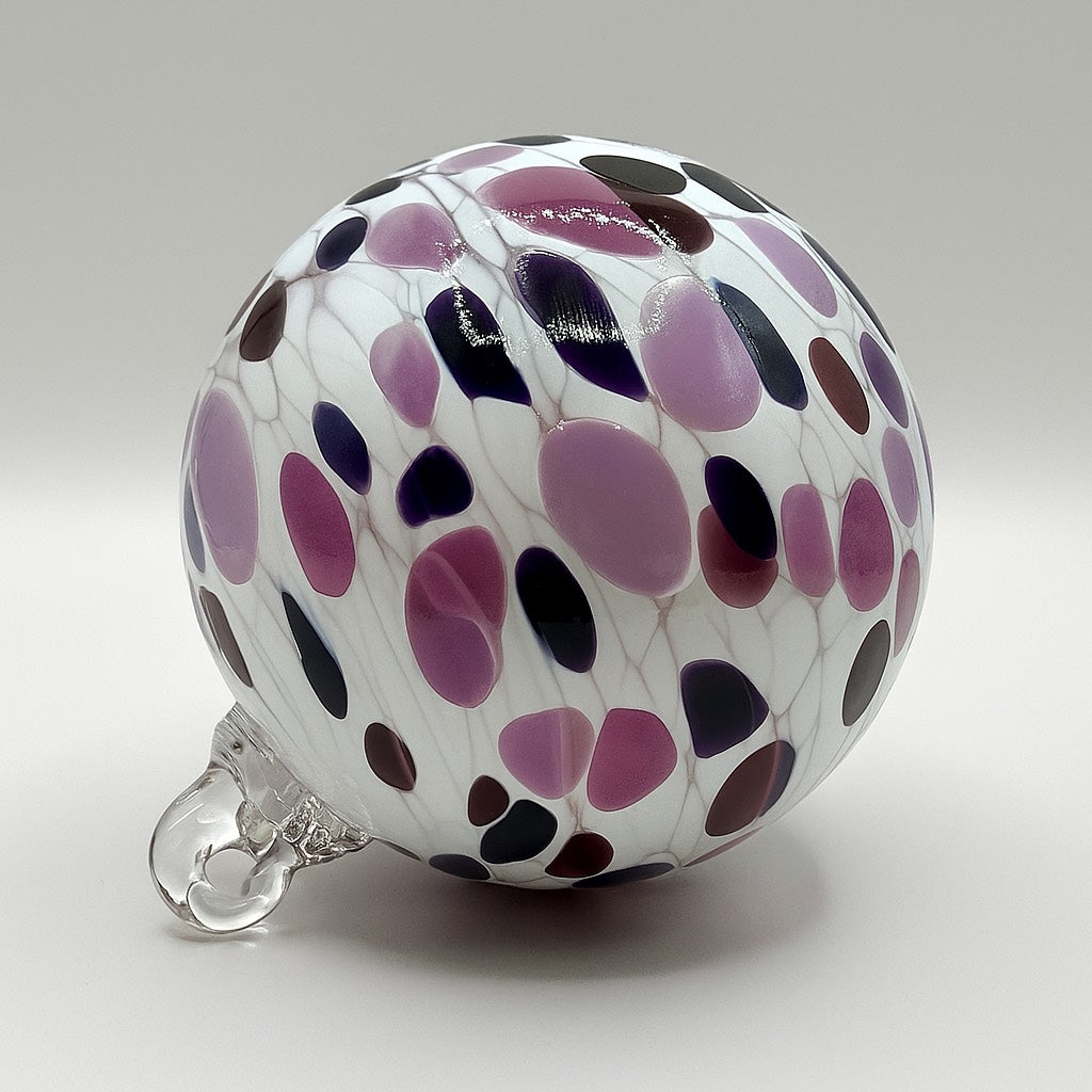 Hand-blown Purple and white confetti glass ornament with lavender, plum, pink and white accents from Puget Sound Glassblowing Studio.