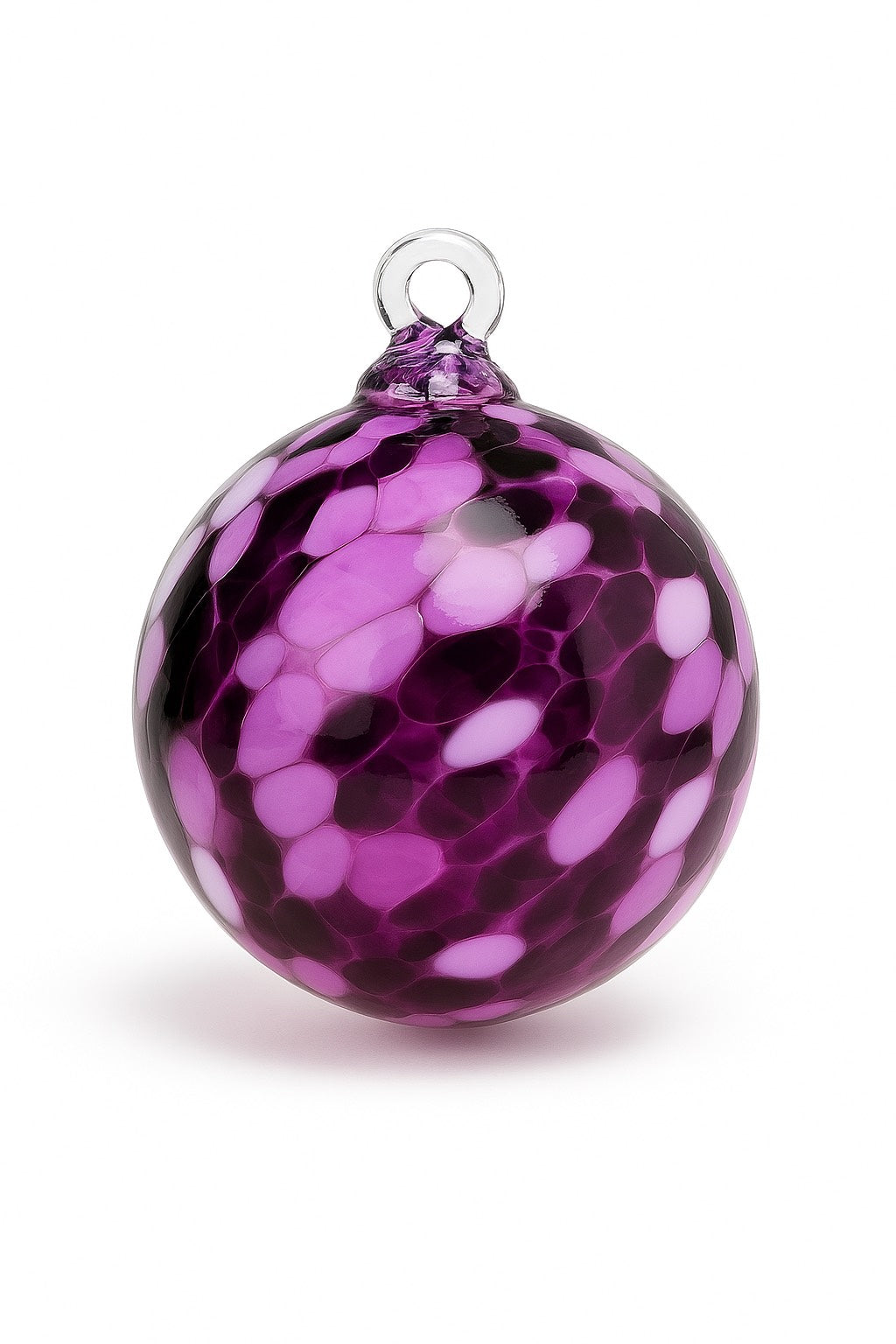 Hand-blown Purple Mosaic glass ornament with lavender, plum, and deep violet pieces from Puget Sound Glassblowing Studio.