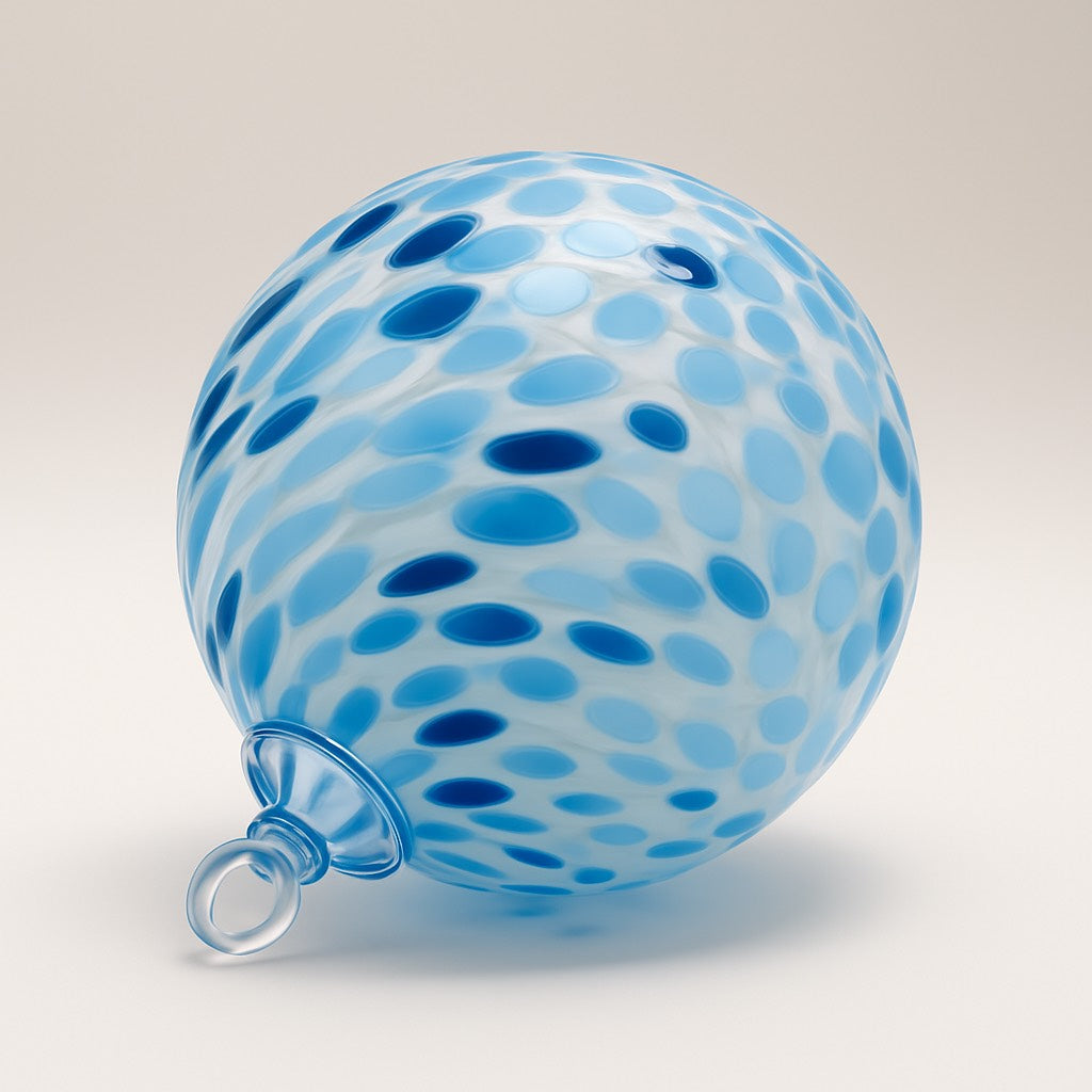 Hand-blown light swirl glass ornament with ice-blue, navy, white Confetti spots from Puget Sound Glassblowing Studio.