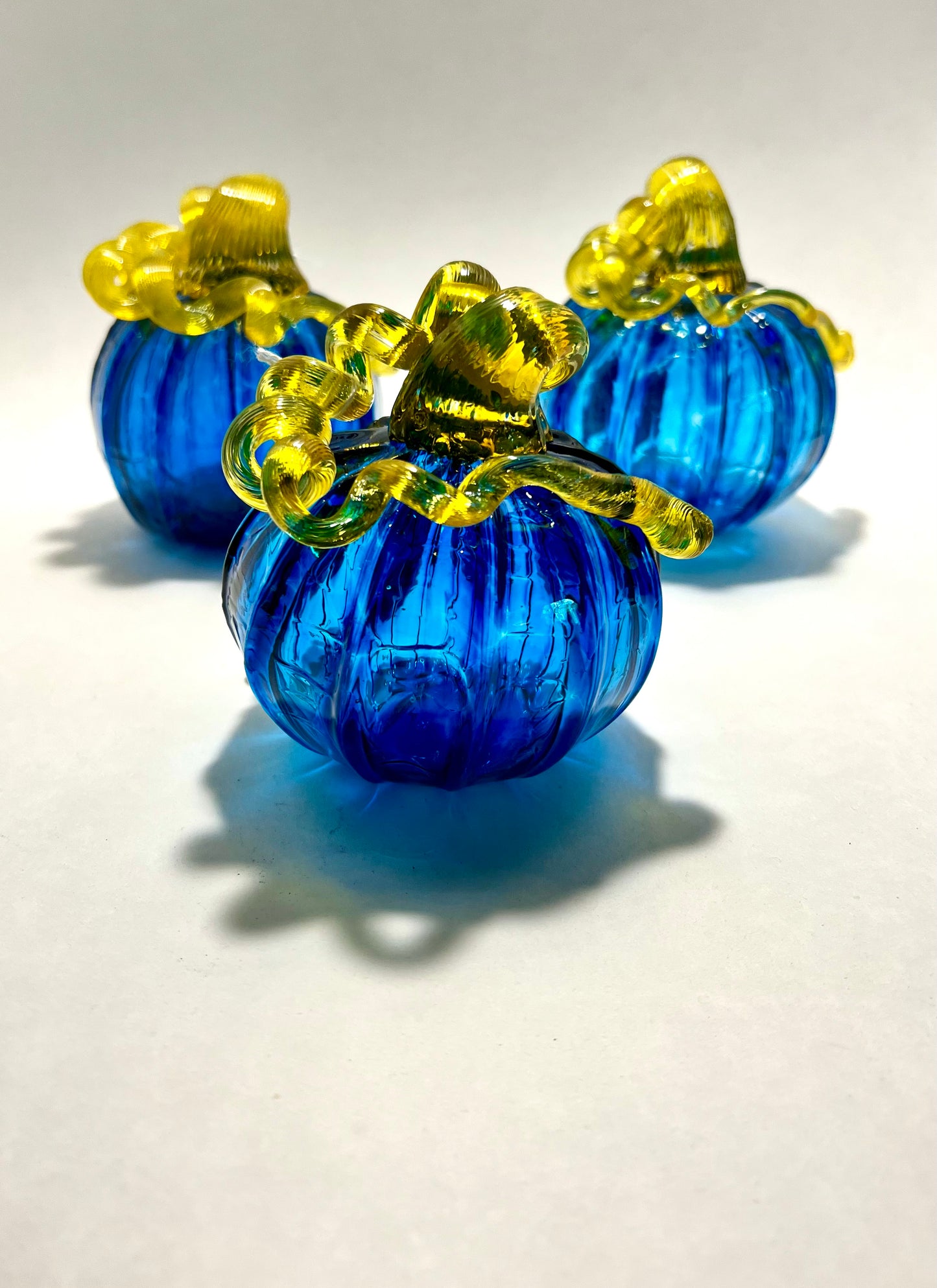 Cobalt Crown Hand Blown Glass Pumpkin (Cobalt Blue with Yellow Stem)