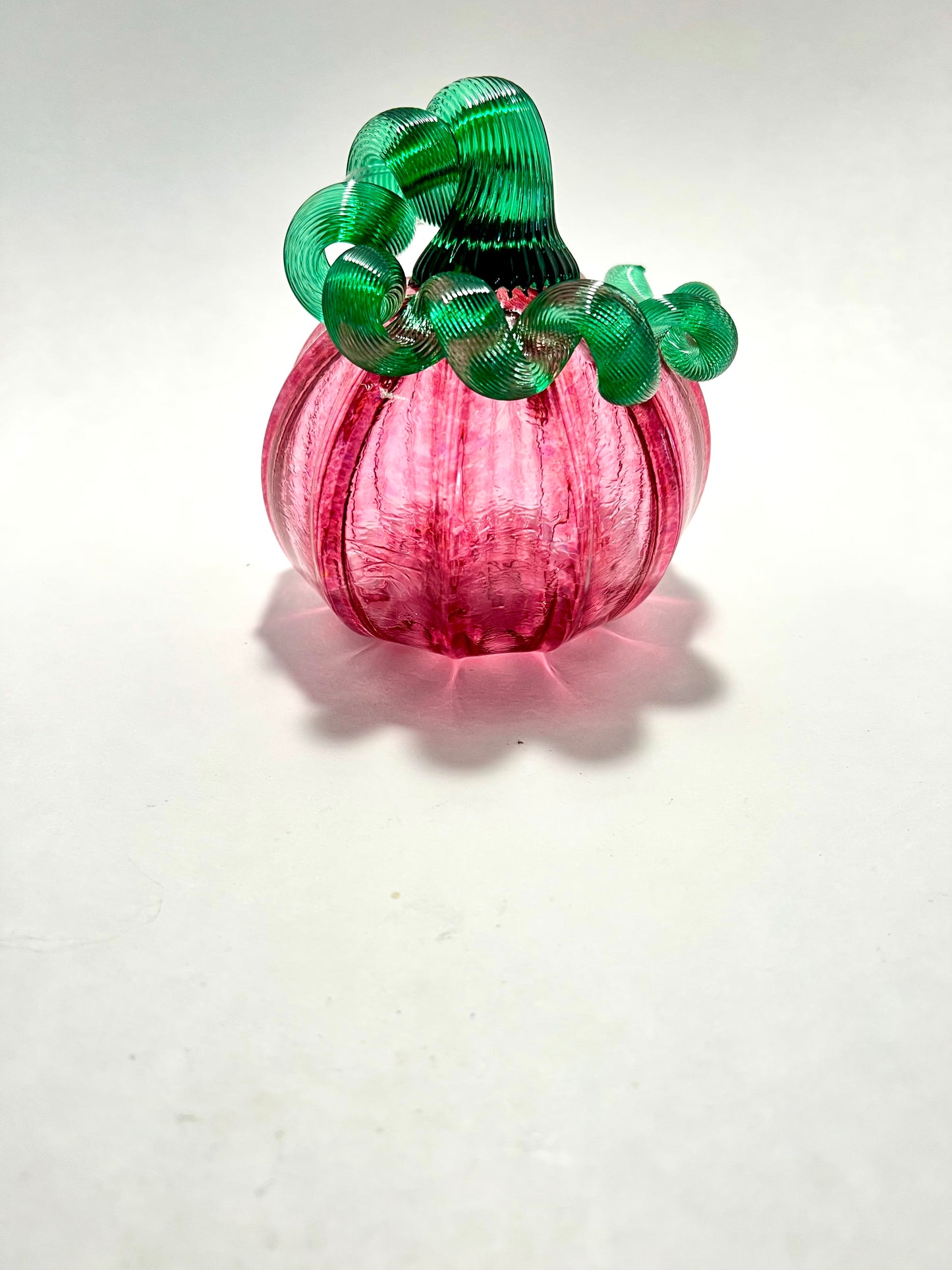 Blushing Blossom Glass Blown Pumpkin (Deep Pink with Emerald Green Stem)