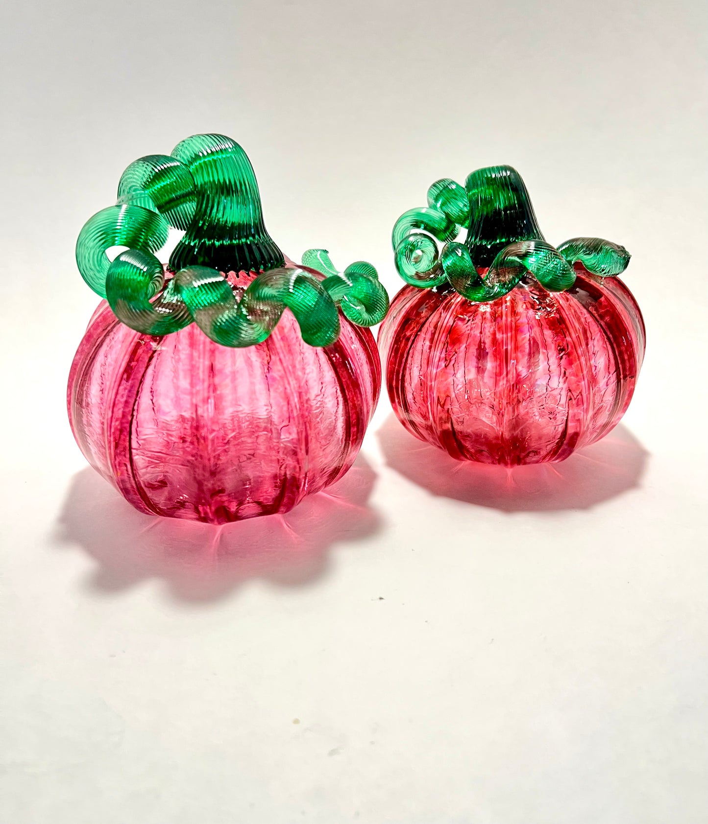 Blushing Blossom Glass Blown Pumpkin (Deep Pink with Emerald Green Stem)