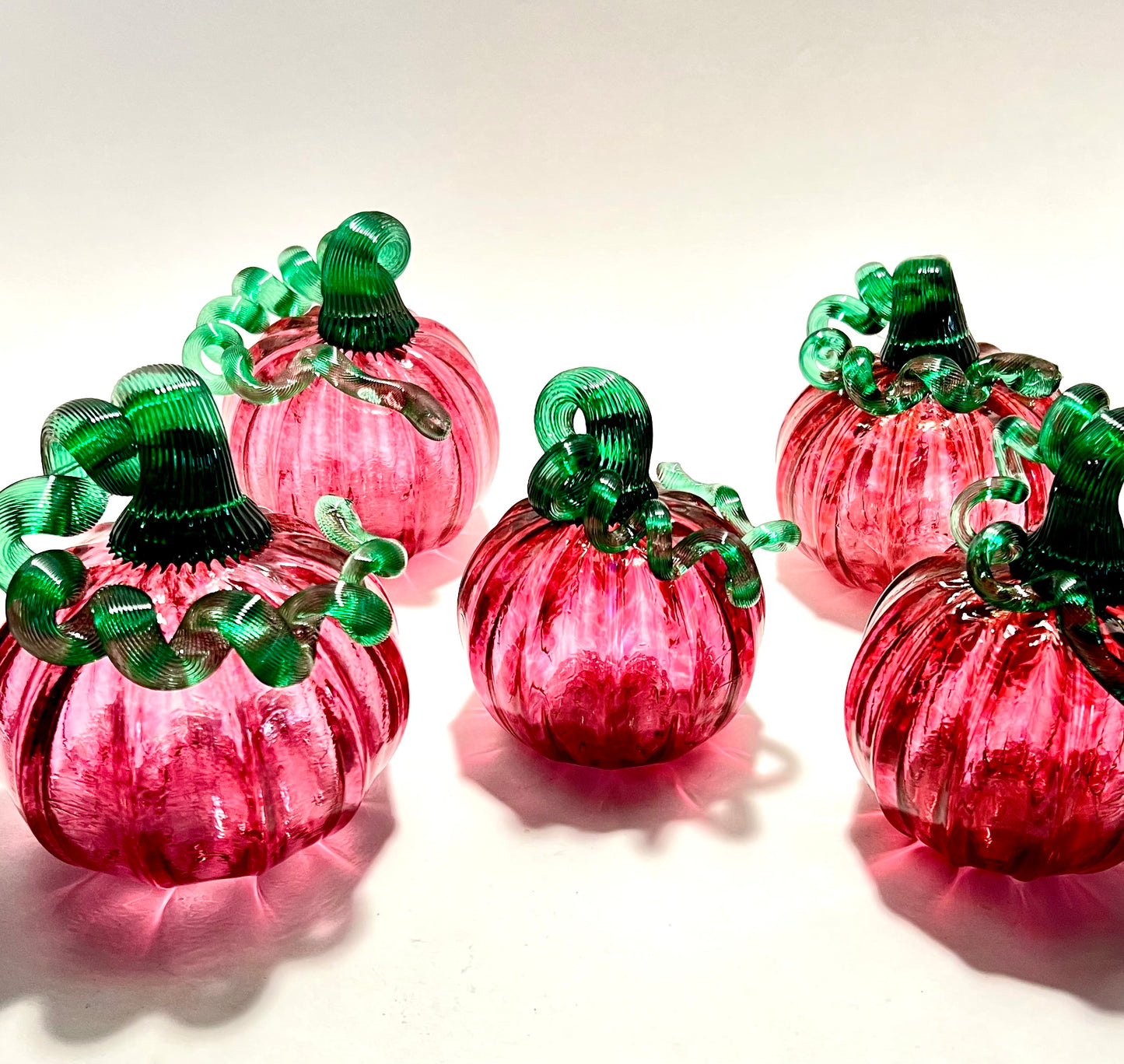 Blushing Blossom Glass Blown Pumpkin (Deep Pink with Emerald Green Stem)