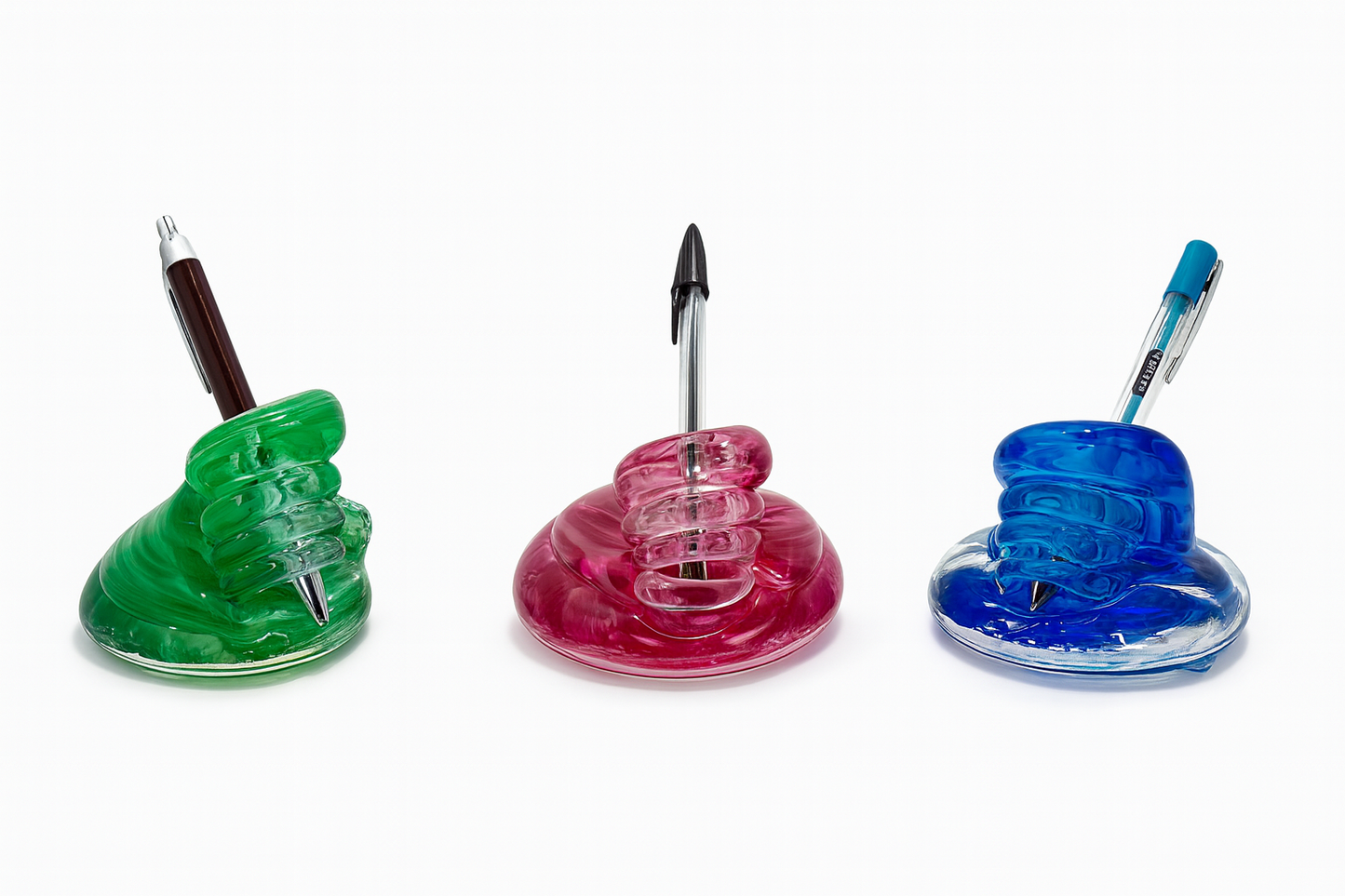 Hand-blown Rose Current glass Pen Holder with red and pink swirl design from Puget Sound Glassblowing Studio.