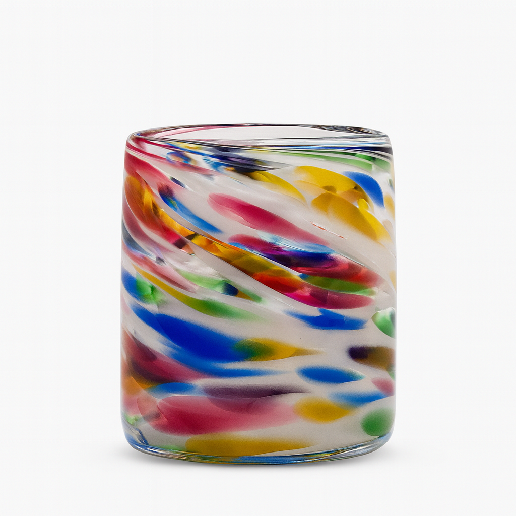 Hand-blown multi-color Gems & jewels whiskey glass with orange, gold, white, and red geometric accents from Puget Sound Glassblowing Studio.