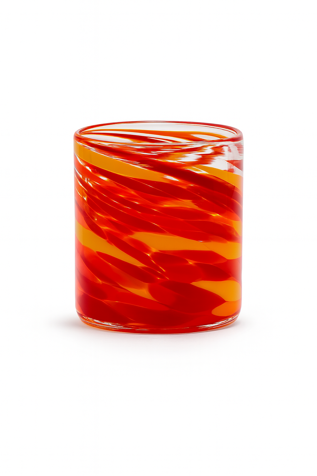 Hand-blown Solar Swirl whisky glass with bold orange and red swirl design from Puget Sound Glassblowing Studio.