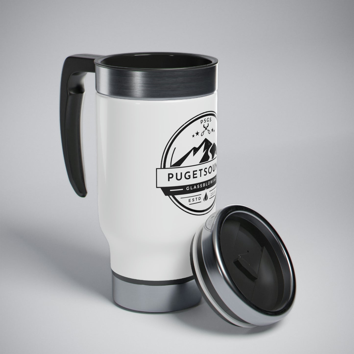Stainless Steel Puget Sound Glassblowing Travel Mug with Handle, 14oz