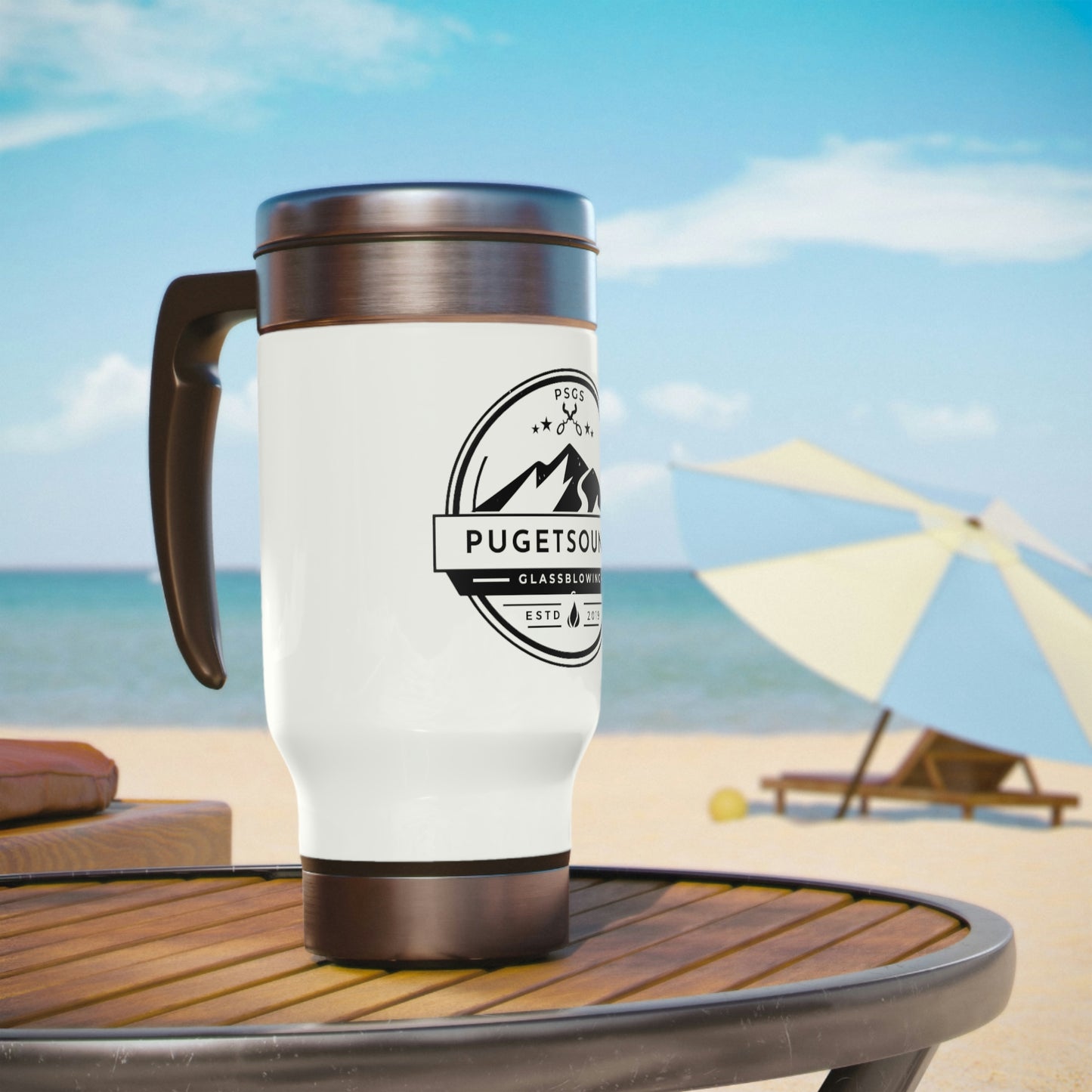 Stainless Steel Puget Sound Glassblowing Travel Mug with Handle, 14oz
