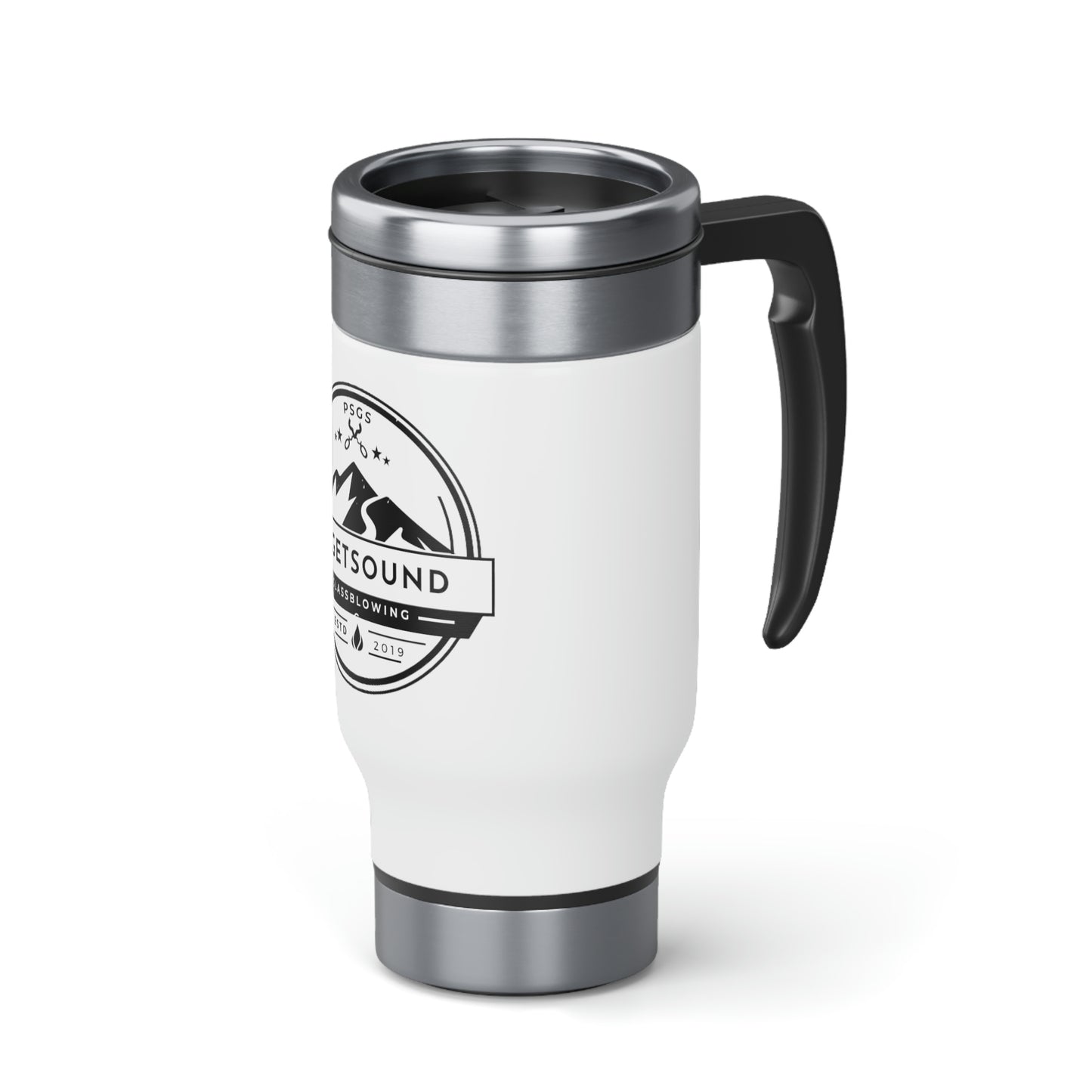 Stainless Steel Puget Sound Glassblowing Travel Mug with Handle, 14oz