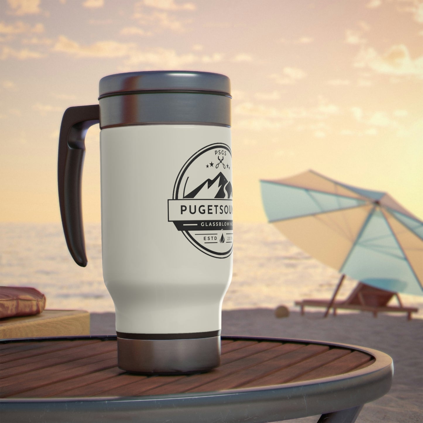 Stainless Steel Puget Sound Glassblowing Travel Mug with Handle, 14oz