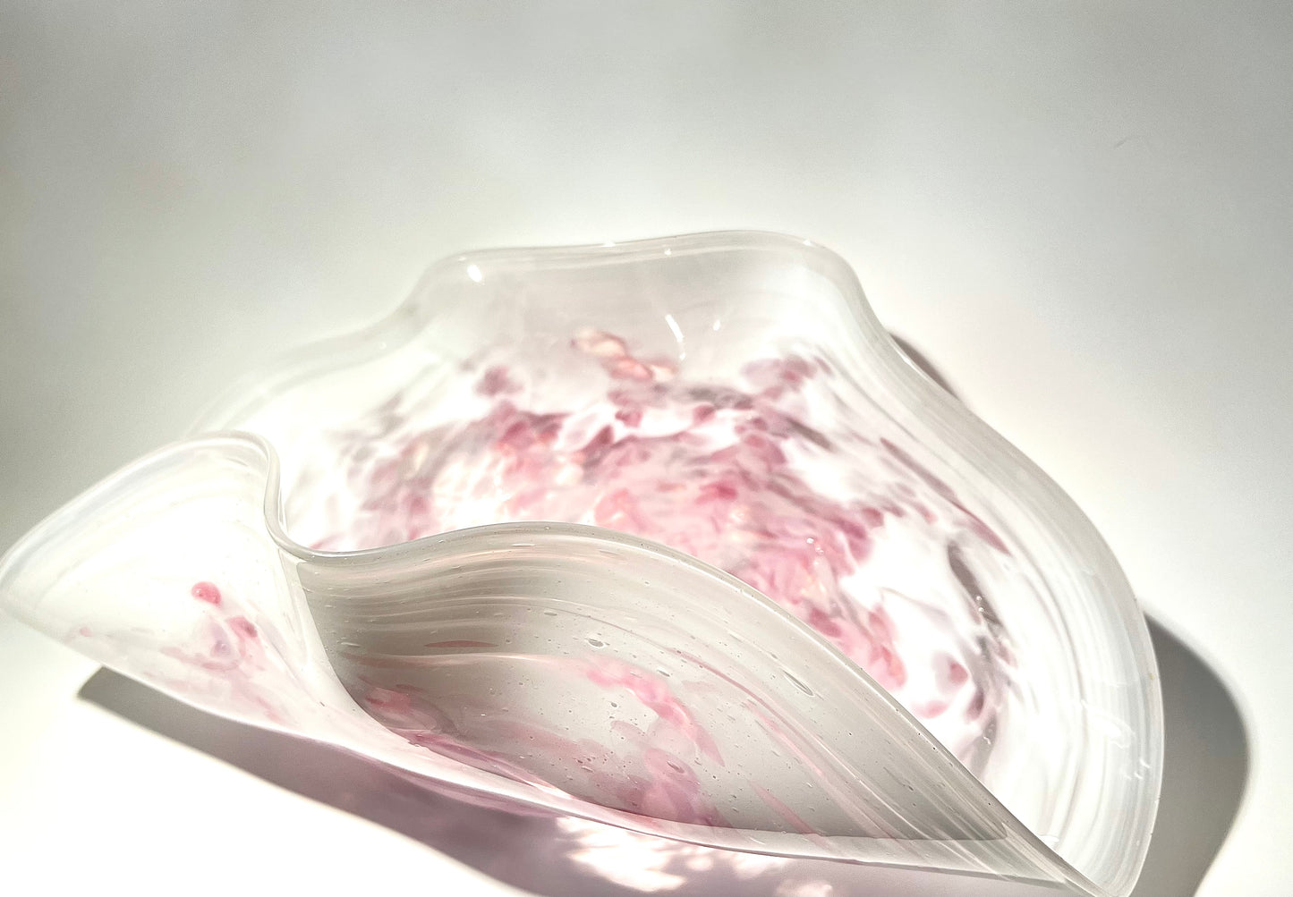 Large White and Translucent Pink Wavy Seaform Bowl