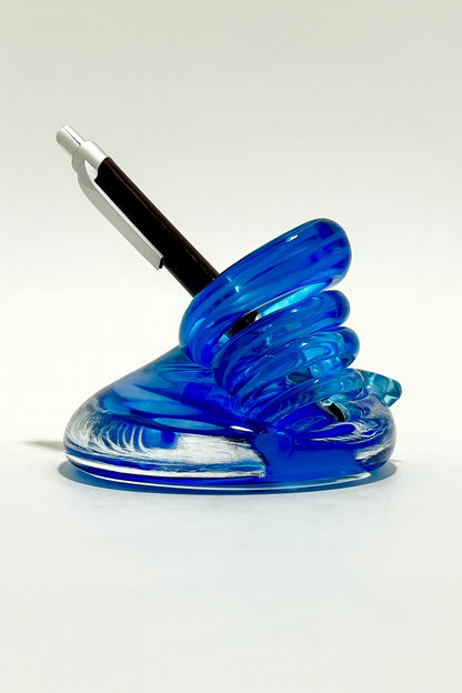 Hand-blown Pacific Flow glass pen holder with ocean-blue swirl design from Puget Sound Glassblowing Studio.