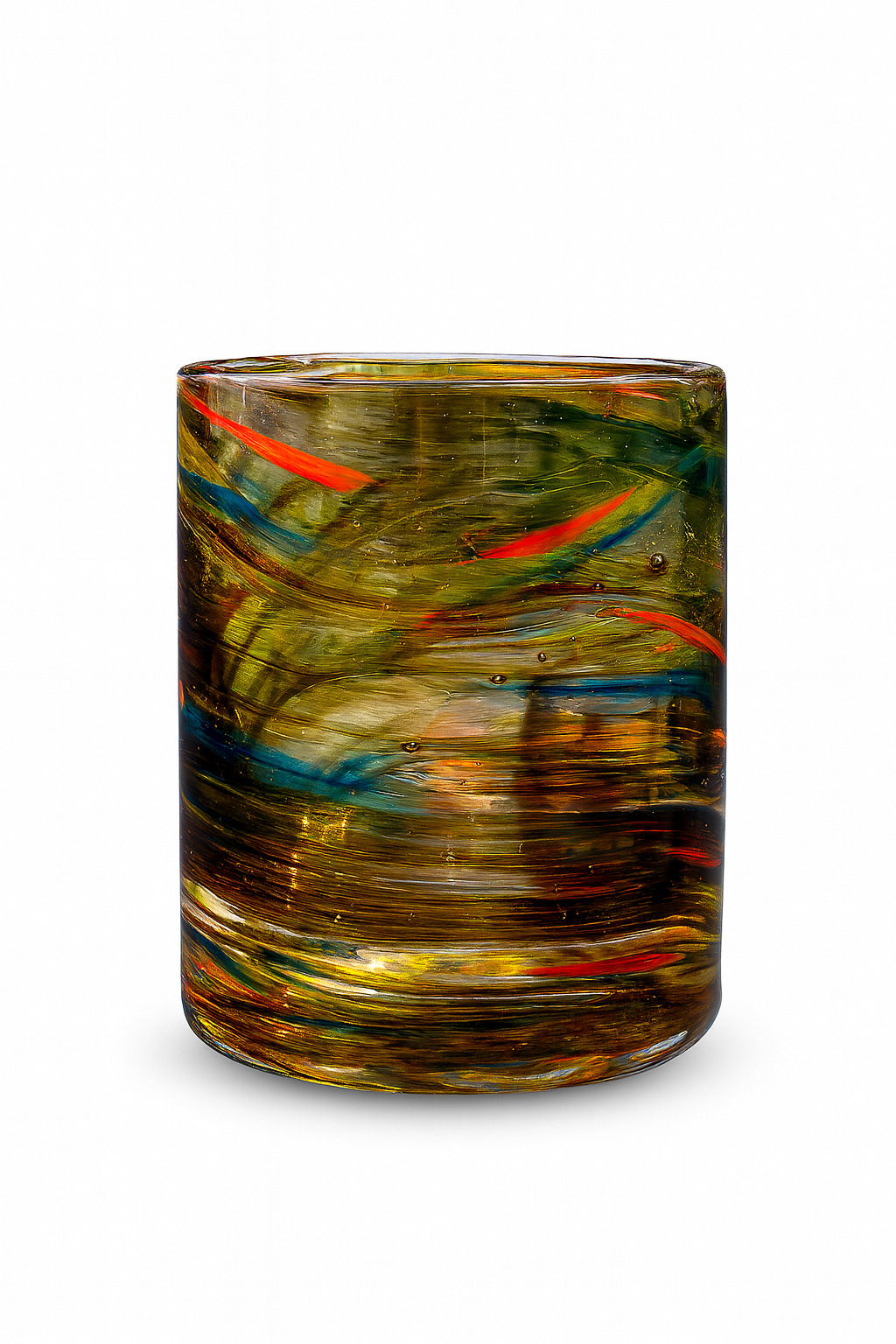 Hand-blown whiskey glass with swirling Amber, red, and earth-tone colors from Puget Sound Glassblowing Studio 