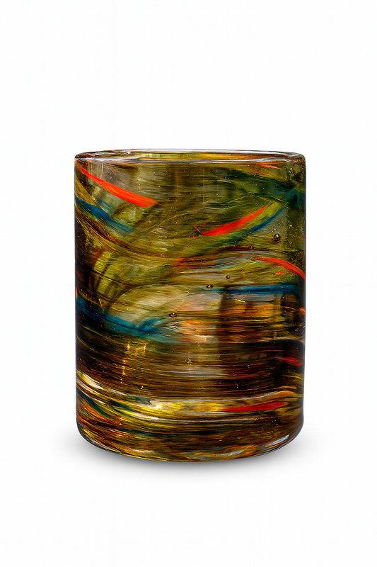 Hand-blown whiskey glass with swirling Amber, red, and earth-tone colors from Puget Sound Glassblowing Studio 