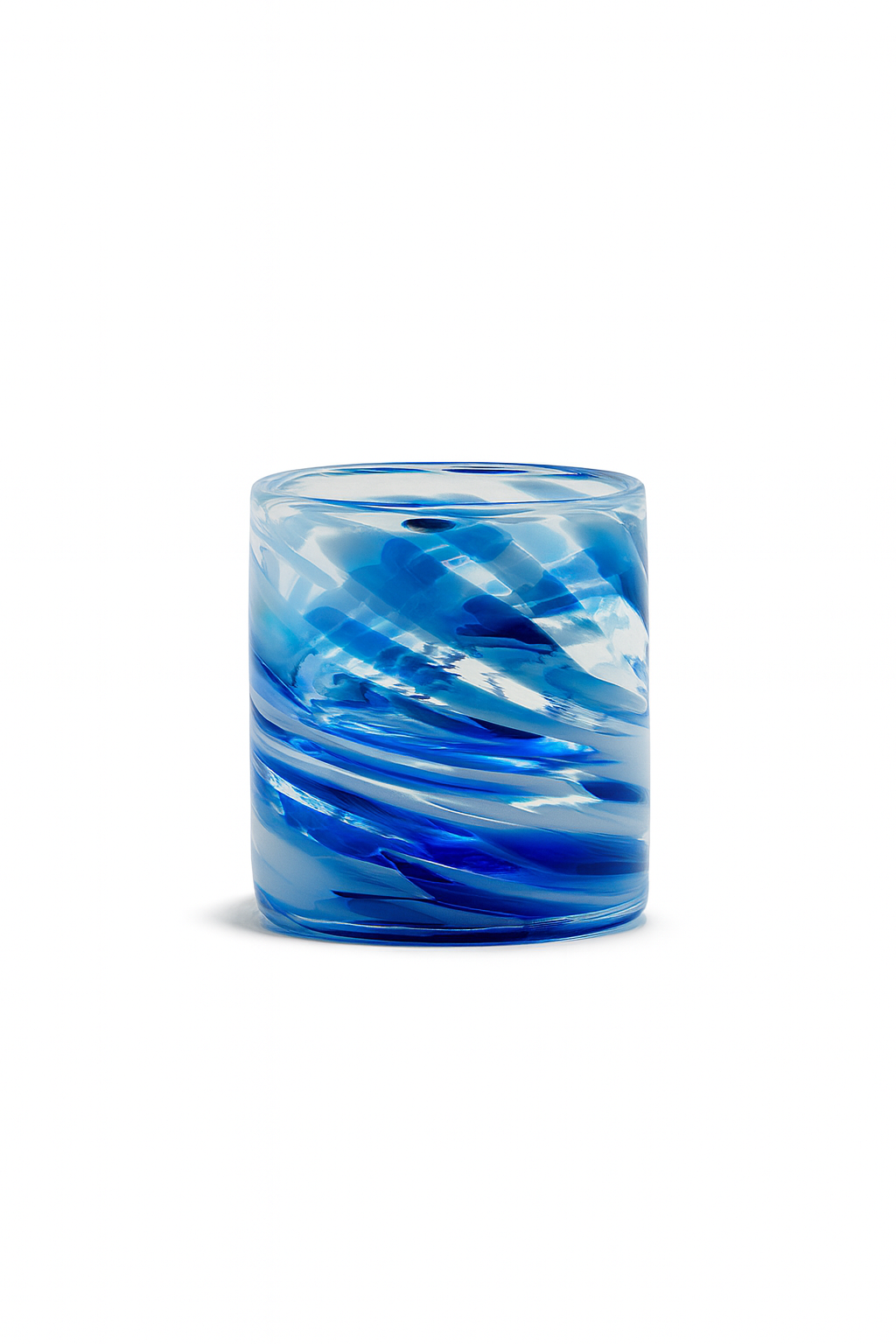 Hand-blown Glacier Tide Whiskey glass with flowing blue swirl design from Puget sound Glassblowing Studio 