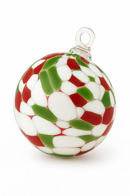 Hand-blown red, green, and white glass ornament by Puget Sound Glassblowing Studio.