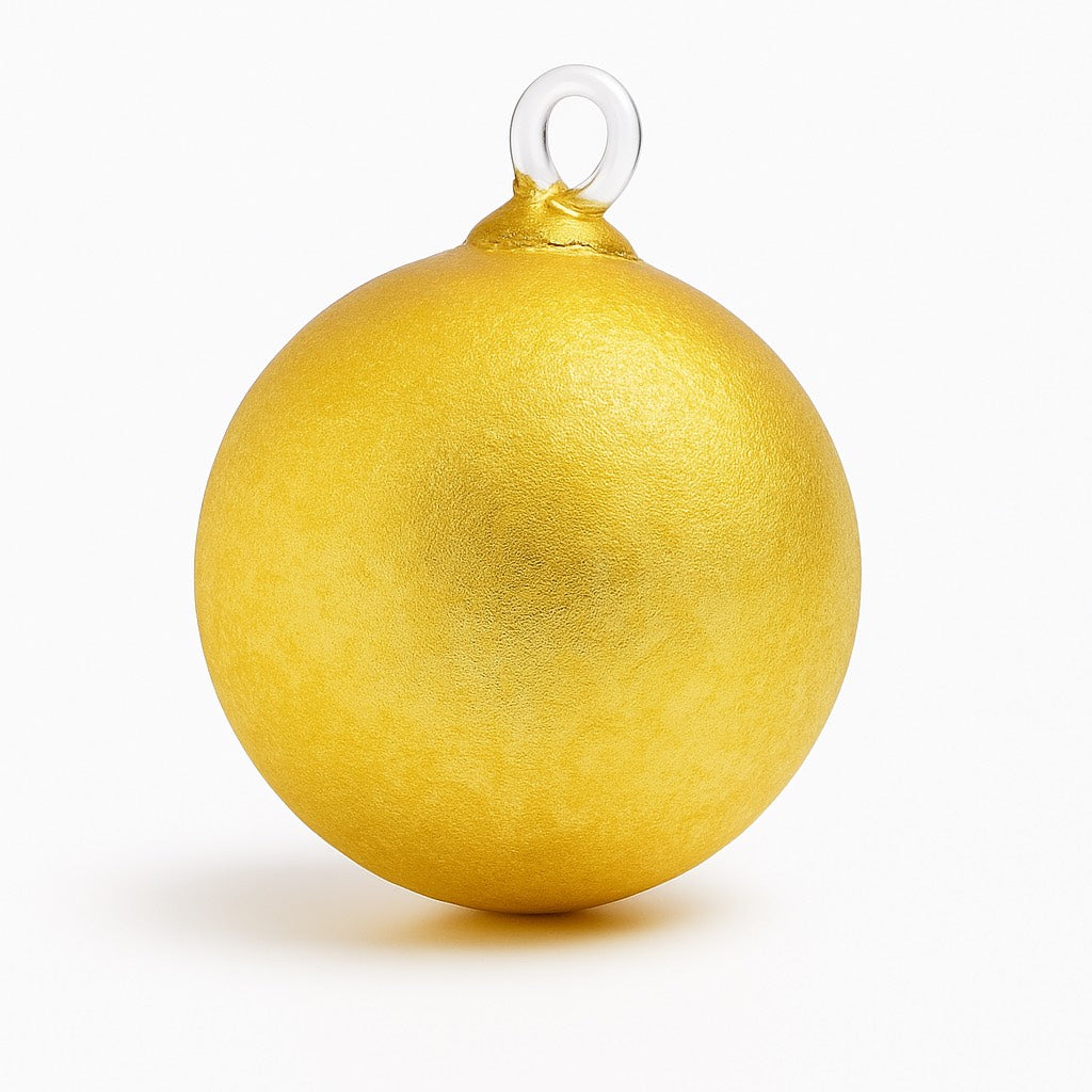 Hand-blown frosted gold glass ornament with shimmering textured finish from Puget Sound Glassblowing Studio.
