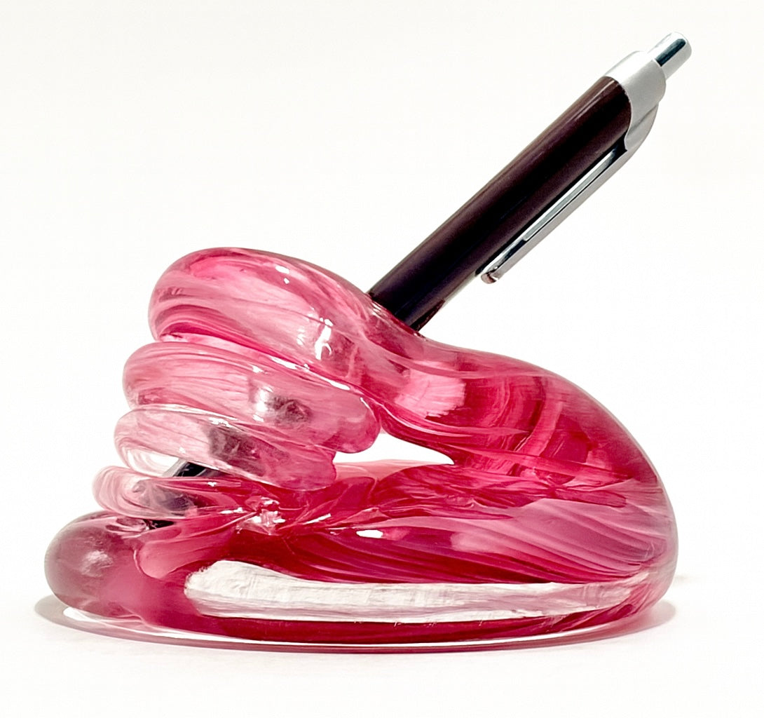 Hand-blown Rose Current glass Pen Holder with red and pink swirl design from Puget Sound Glassblowing Studio.