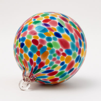 Multi-color hand-blown glass ornament with vibrant confetti pattern – handcrafted by Anthony Remick of Puget Sound Glassblowing Studio