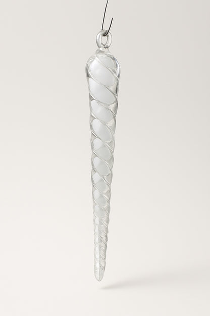 Hand-blown clear glass icicle ornament with twisted design from Puget Sound Glassblowing Studio.