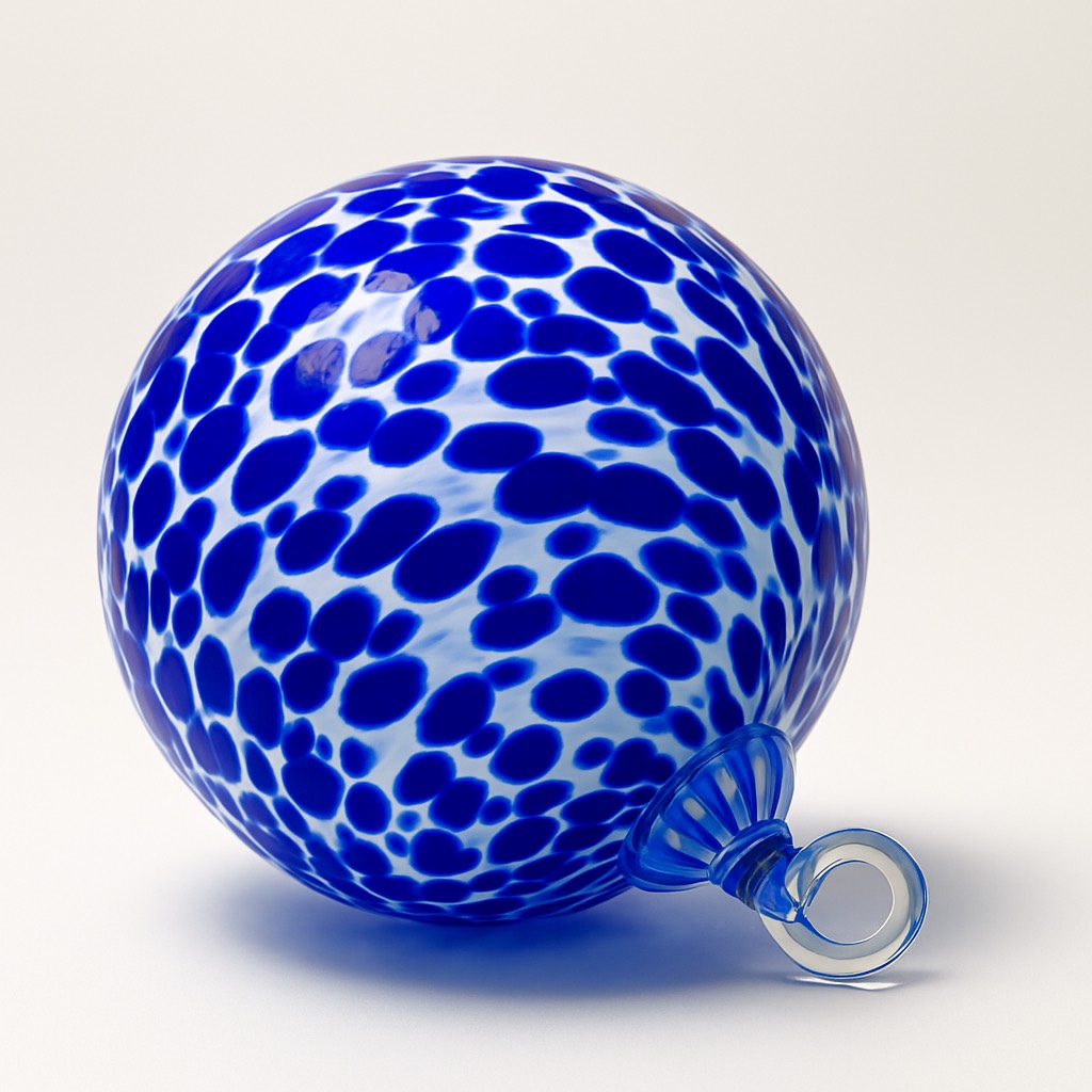 Hand-blown Cobalt blue spotted glass ornament with deep blue and white leopard-style pattern from Puget Sound Glassblowing Studio. 