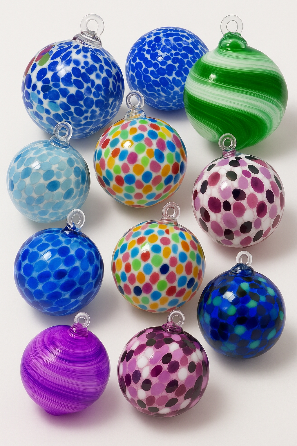 Assorted hand-blown glass Christmas ornaments in various colors and patterns from Puget Sound Glassblowing Studio