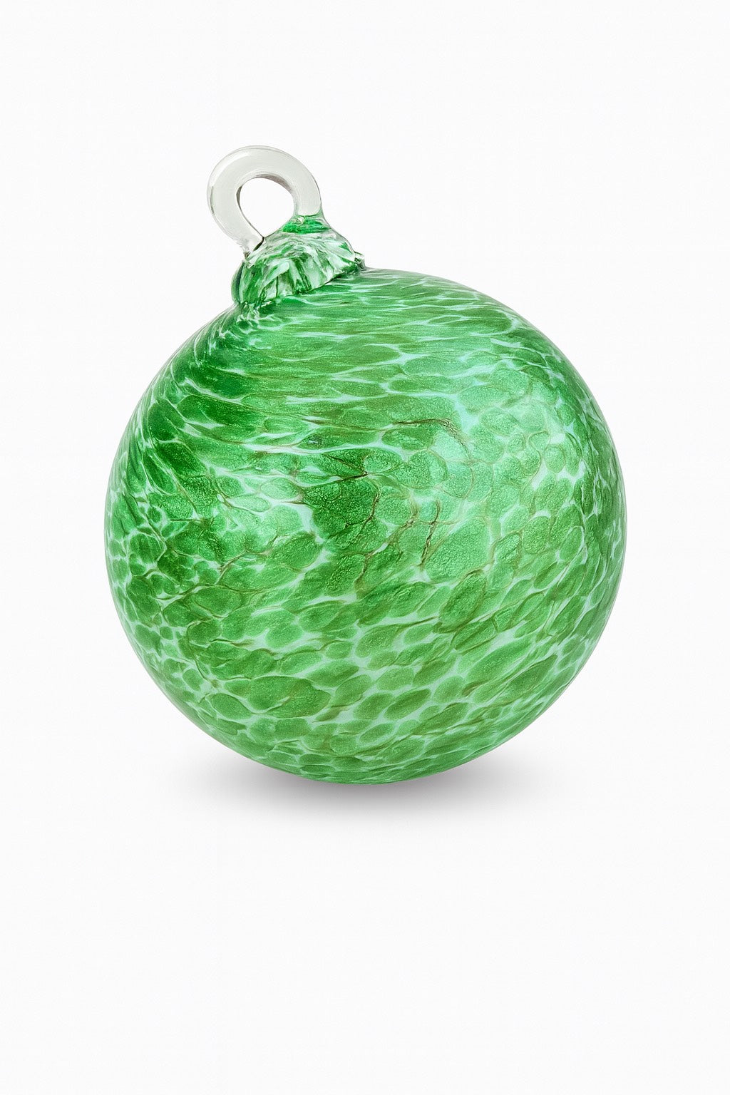 Hand-blown green glass ornament with textured swirl pattern, by Puget Sound Glassblowing Studio.