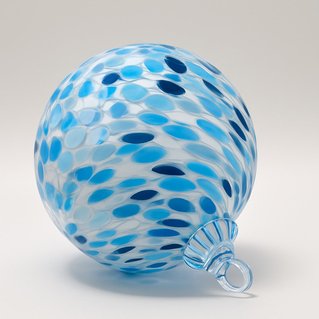 Hand-blown light swirl glass ornament with ice-blue, navy, white Confetti spots from Puget Sound Glassblowing Studio.