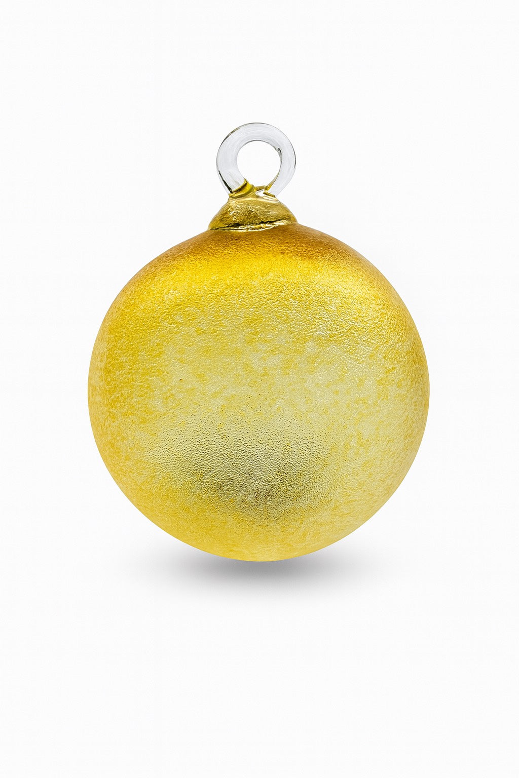 Hand-blown frosted gold glass ornament with shimmering textured finish from Puget Sound Glassblowing Studio.