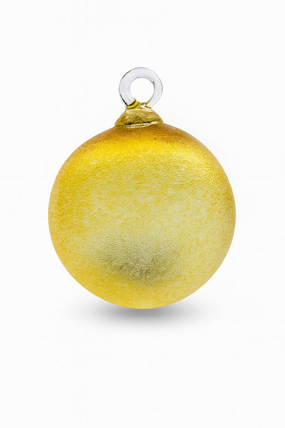 Gold hand-blown glass ornament with a frosted gradient finish — crafted by Puget Sound Glassblowing Studio.