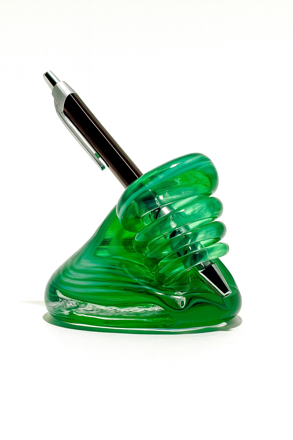 Hand-blown Evergreen Flow glass Pen Holder with vibrant green swirl from Puget Sound Glassblowing Studio. 