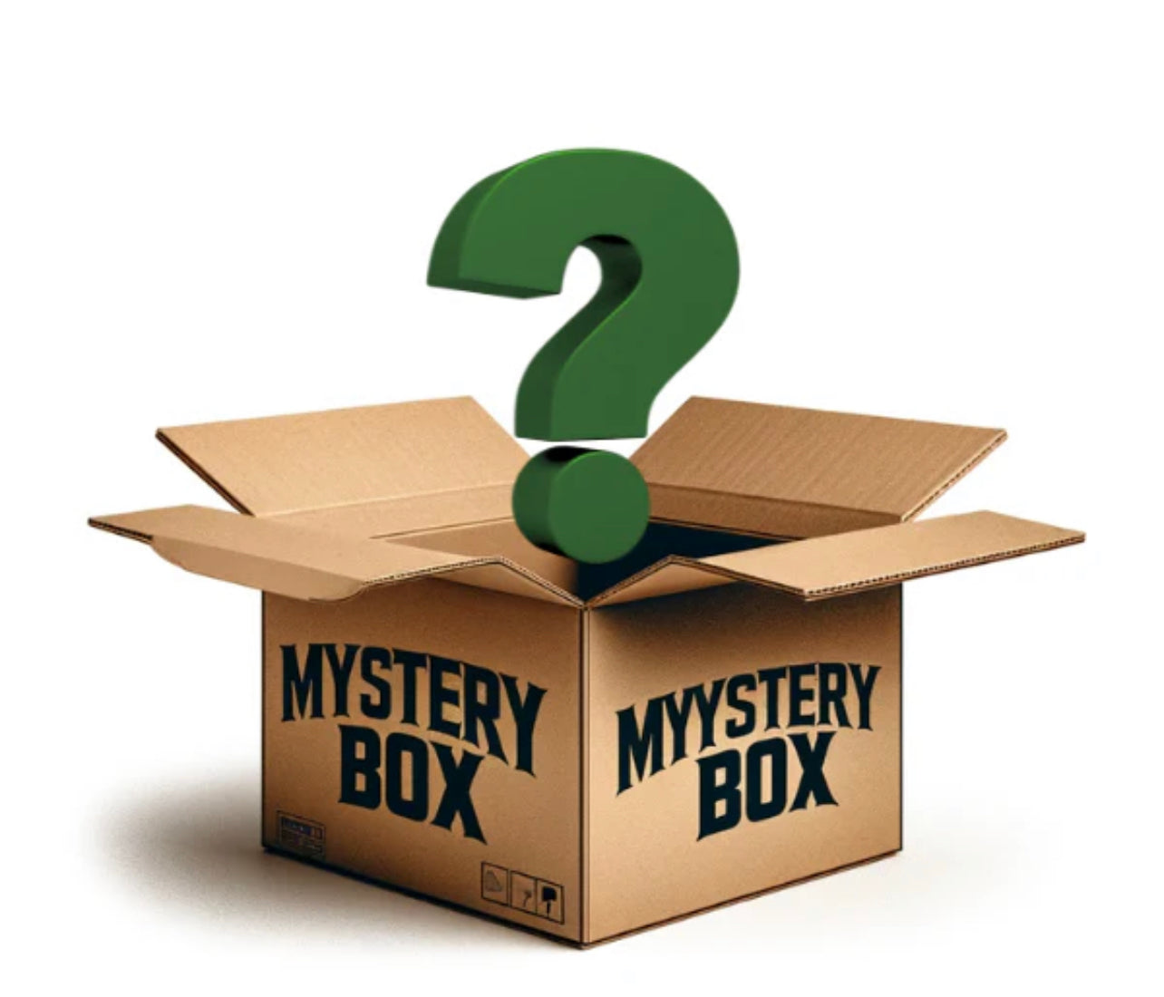 Mystery box graphic with a question mark representing Puget Sound Glassblowing Studio’s mystery glass ornament box.