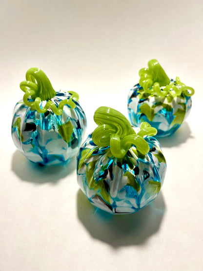 Frosted Bloom Hand Blown Glass Pumpkin (Blue, White & Green with Bright Green Stem)