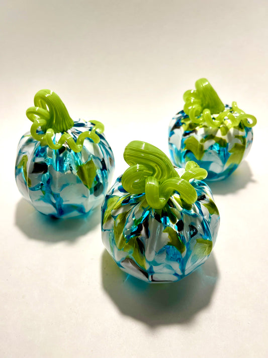 Frosted Bloom Hand Blown Glass Pumpkin (Blue, White & Green with Bright Green Stem)