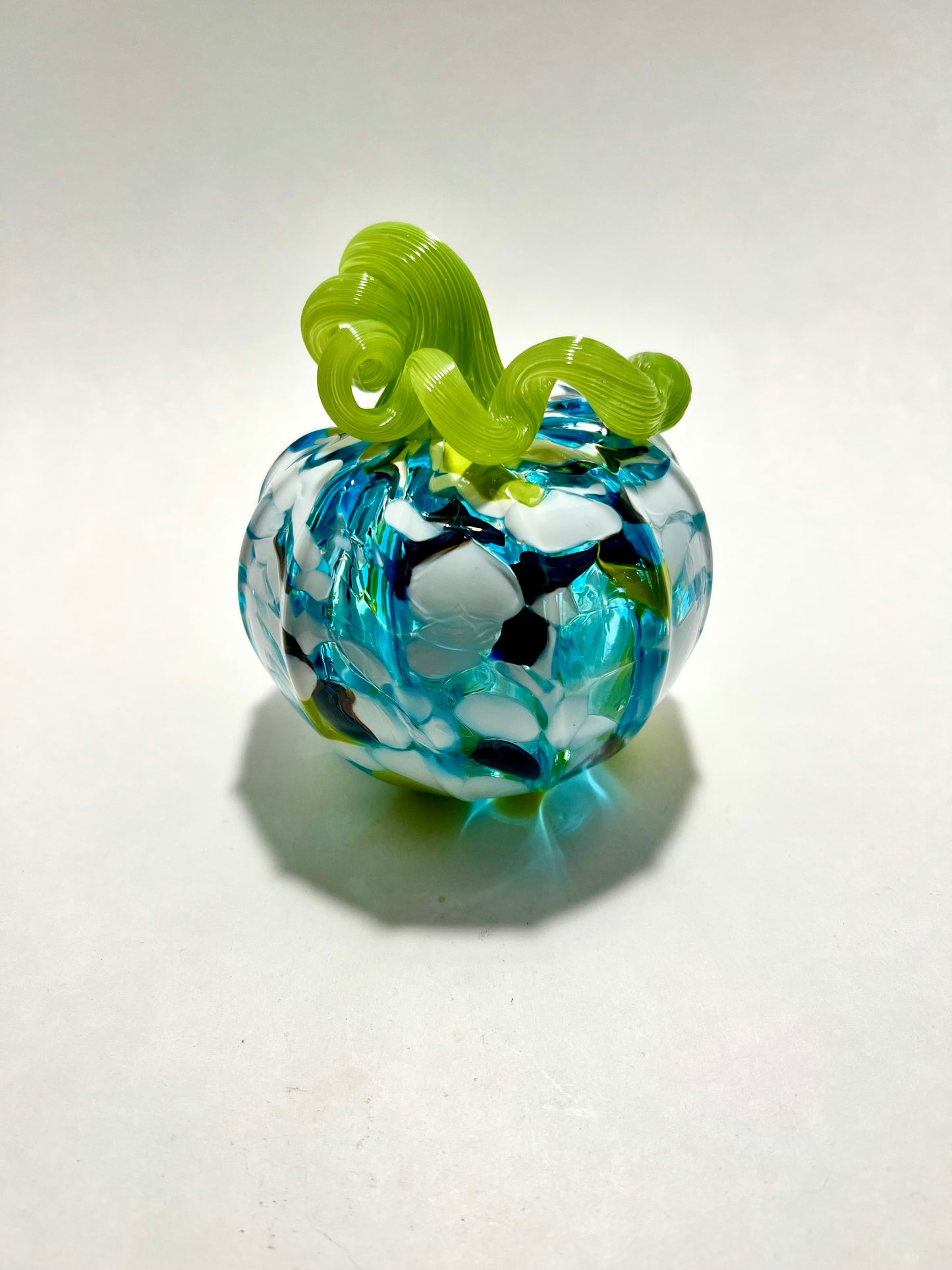 Frosted Bloom Hand Blown Glass Pumpkin (Blue, White & Green with Bright Green Stem)