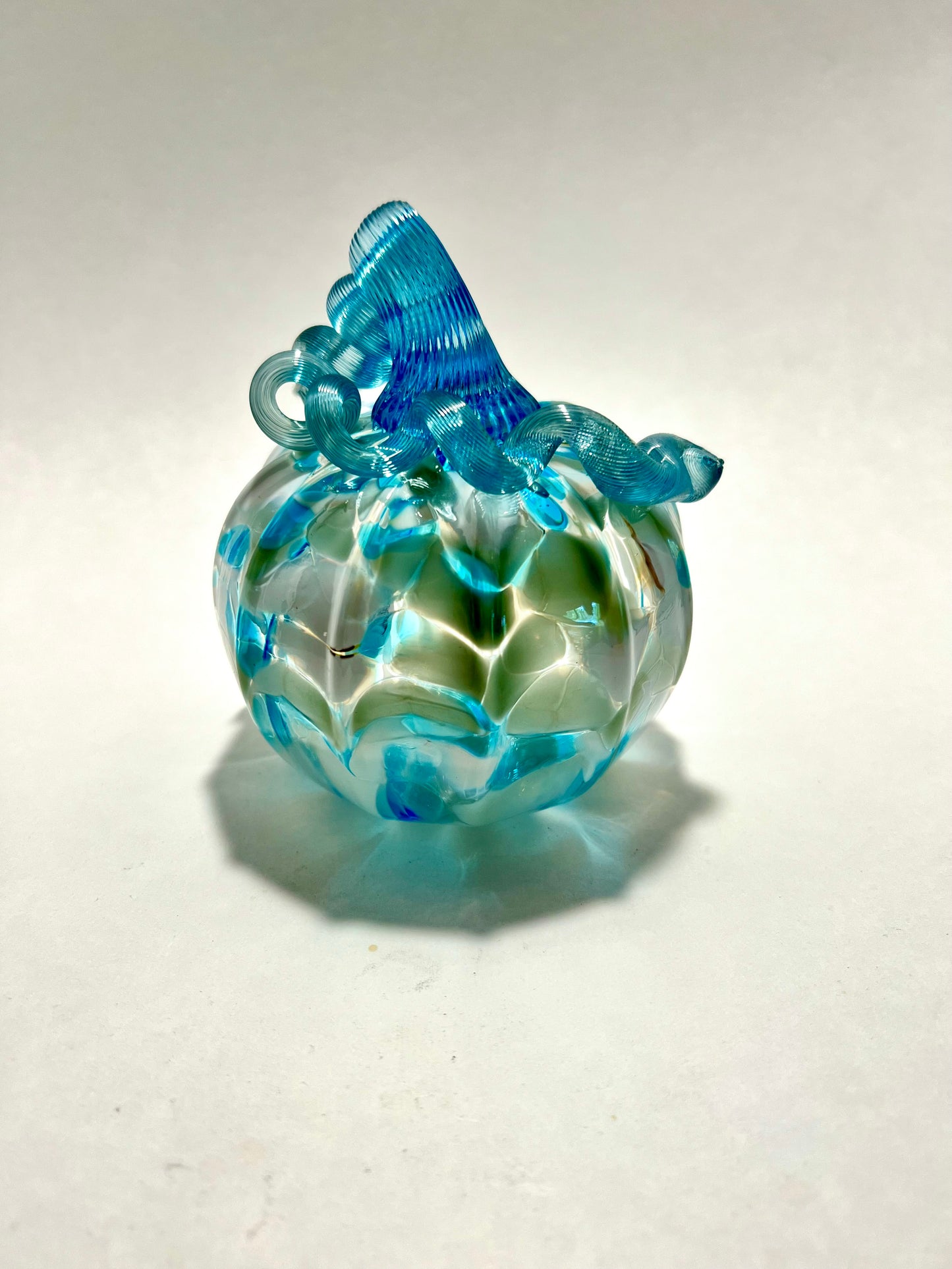 Arctic Mist Hand Blown Glass Pumpkin (White & Blue with Blue Stem)