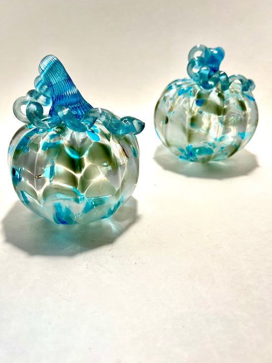 Arctic Mist Hand Blown Glass Pumpkin (White & Blue with Blue Stem)