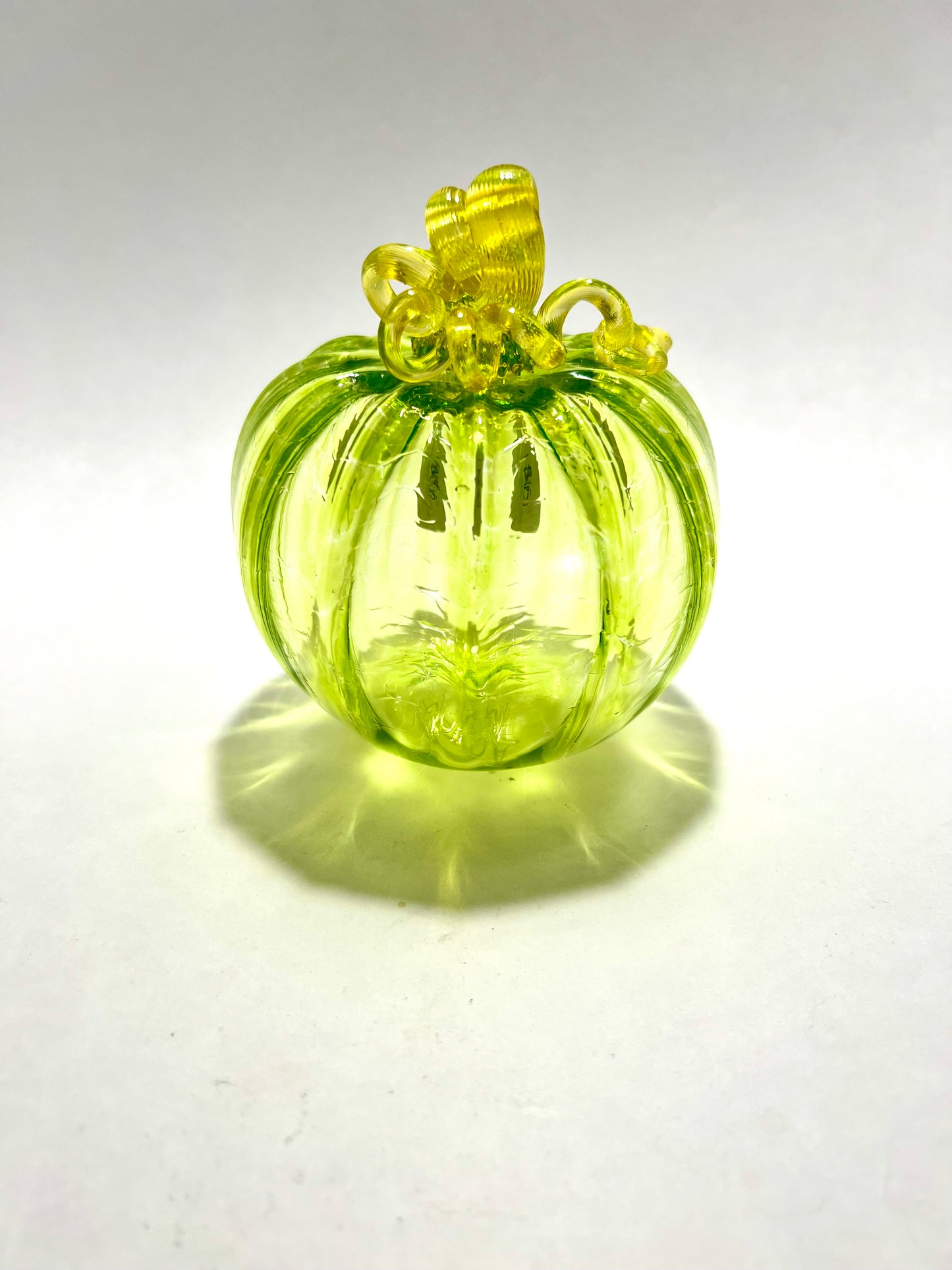 Evergreen Cascade Yellow Green Hand Blown Glass Pumpkin (Green Stem)
