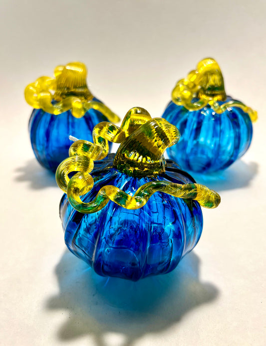 Cobalt Crown Hand Blown Glass Pumpkin (Cobalt Blue with Yellow Stem)