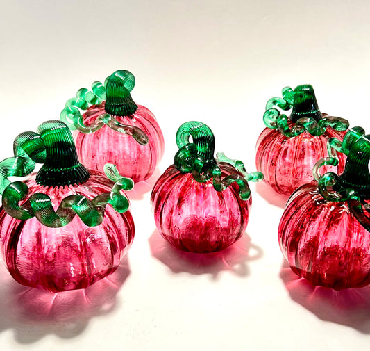 Blushing Blossom Glass Blown Pumpkin (Deep Pink with Emerald Green Stem)