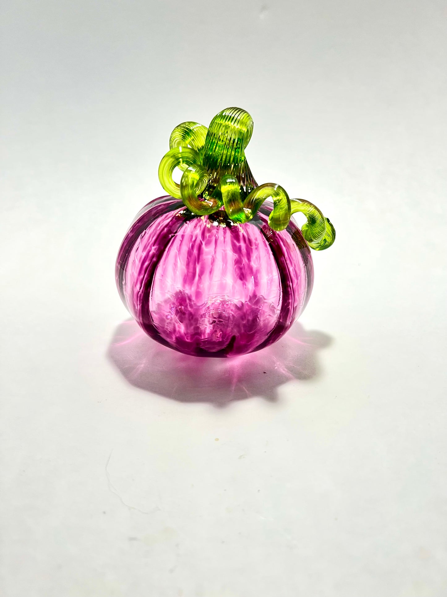 Heliotrope Harvest Hand Blown Glass Pumpkin (Purple with Bright Green Stem)