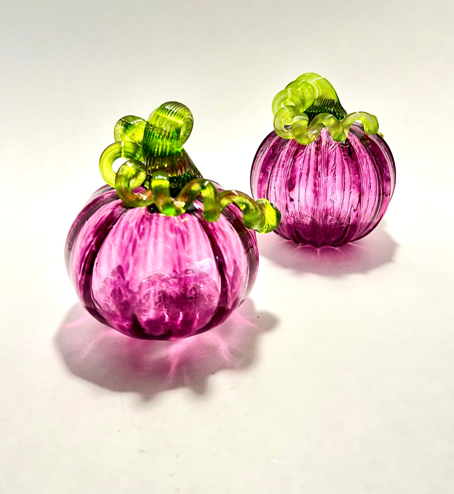 Heliotrope Harvest Hand Blown Glass Pumpkin (Purple with Bright Green Stem)