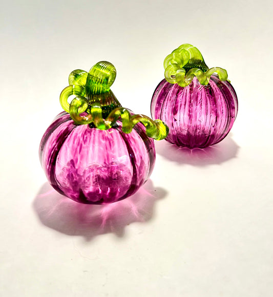 Heliotrope Harvest Hand Blown Glass Pumpkin (Purple with Bright Green Stem)