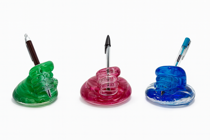 Hand-blown Pacific Flow glass pen holder with ocean-blue swirl design from Puget Sound Glassblowing Studio.