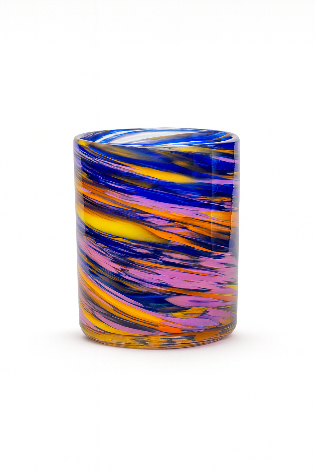 Hand-blown solar Flare whiskey glass with blue, orange, and Pink multi-color swirl from Puget Sound Glassblowing Studio.