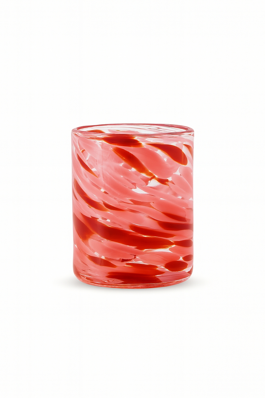 Hand-blown Wild Rose Twist whiskey glass with ed and pink swirl design from Puget Sound Glassblowing Studio.