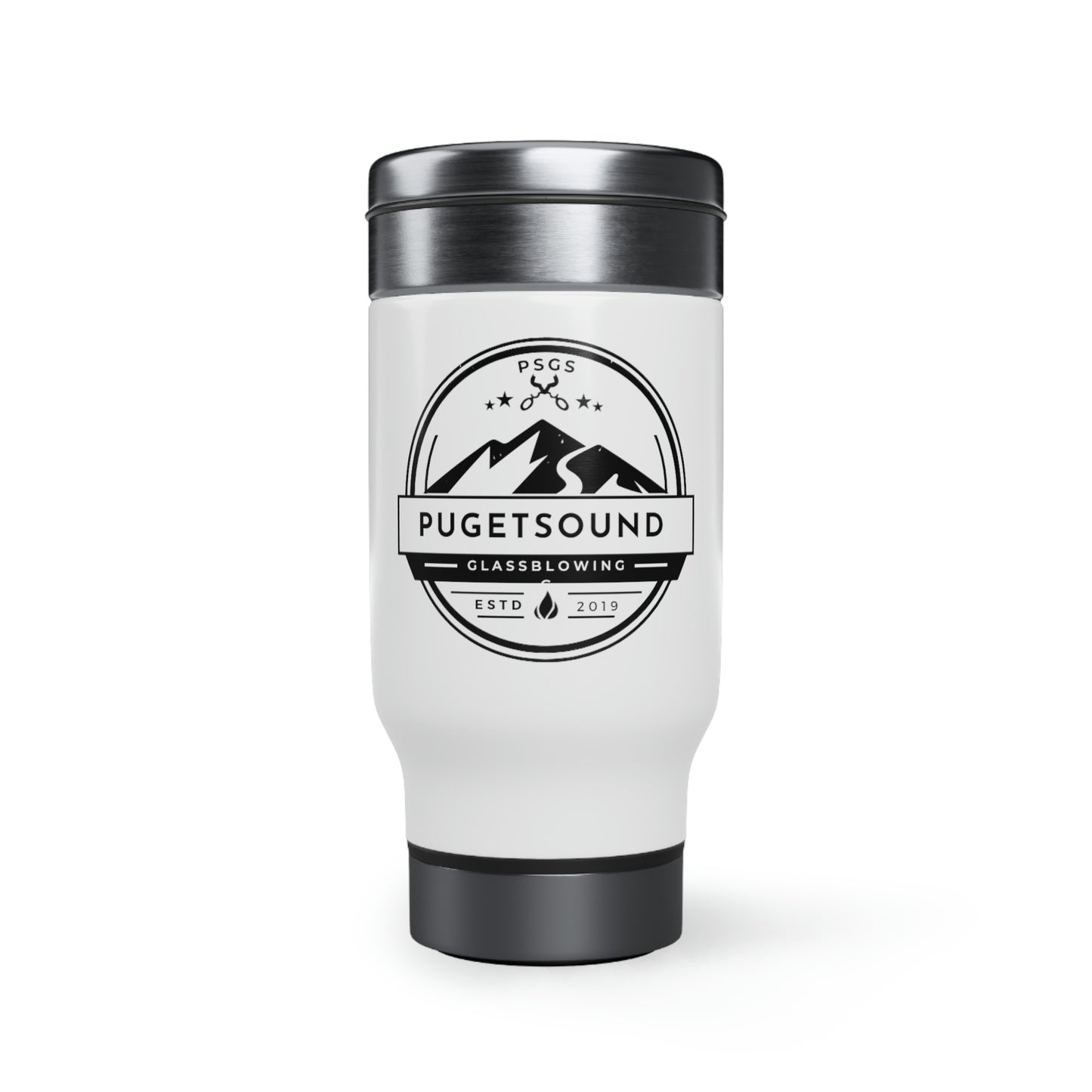 Stainless Steel Puget Sound Glassblowing Travel Mug with Handle, 14oz